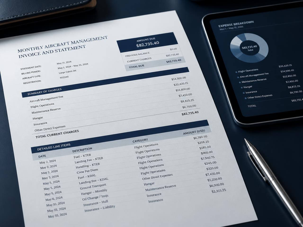 Monthly aircraft management invoice with detailed line-item charges beside an expense breakdown