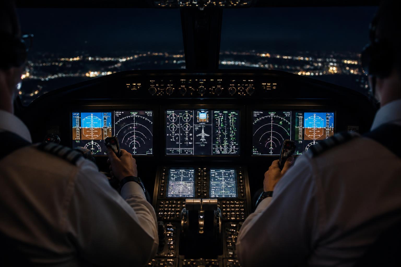 Business jet flight deck at night
