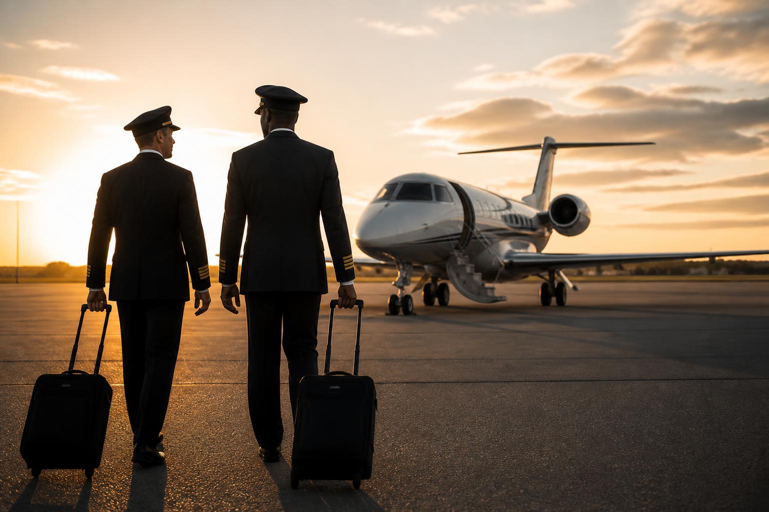 Pilots walking toward a private jet at sunrise