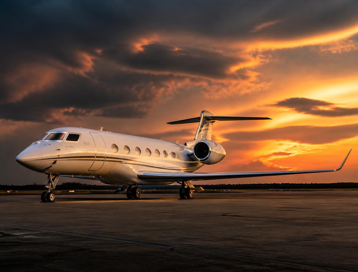 Large cabin business jet on the tarmac at sunset