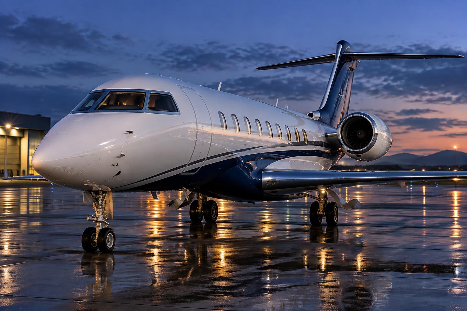 Large-cabin business jet parked on a wet ramp at blue hour