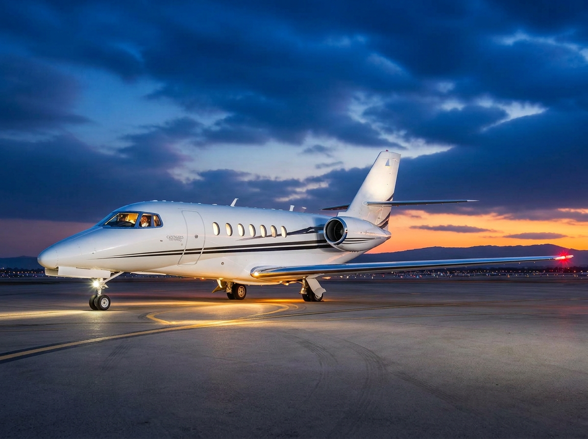 Midsize business jet on a taxiway at blue hour