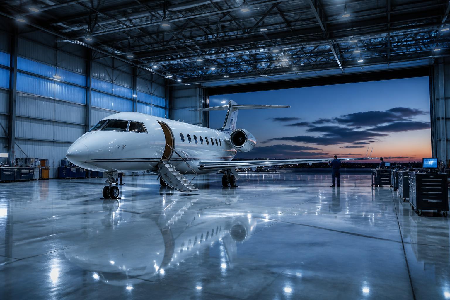Business jet inside a hangar at dusk