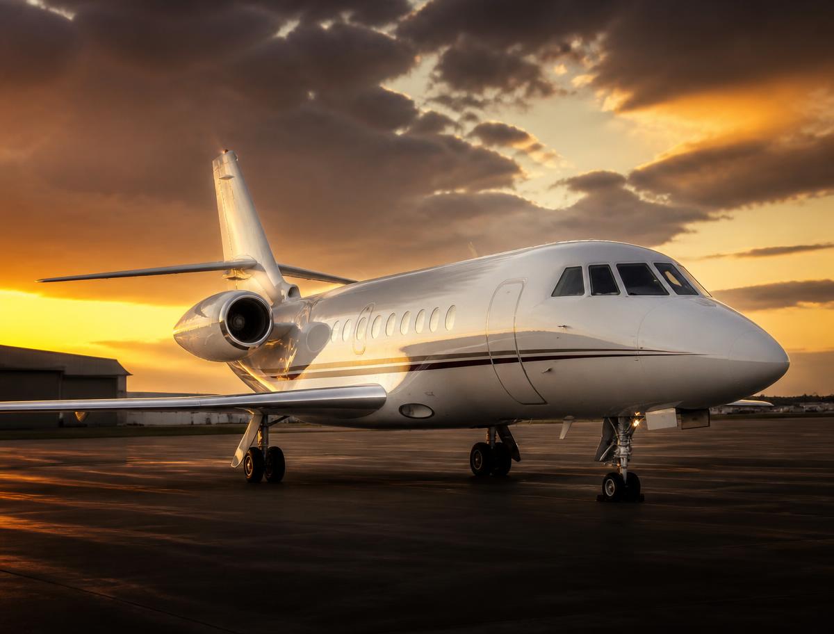 Dassault Falcon 2000 on the ramp at golden hour