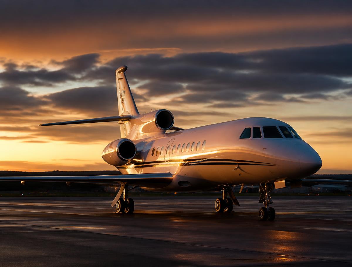 Dassault Falcon 900 trijet on the ramp at dusk
