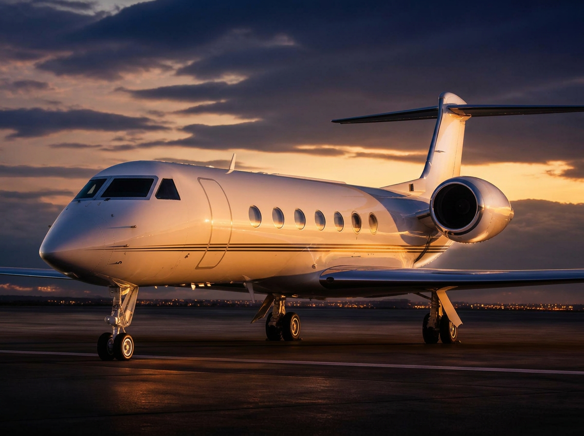 Gulfstream G550 on the ramp at golden hour