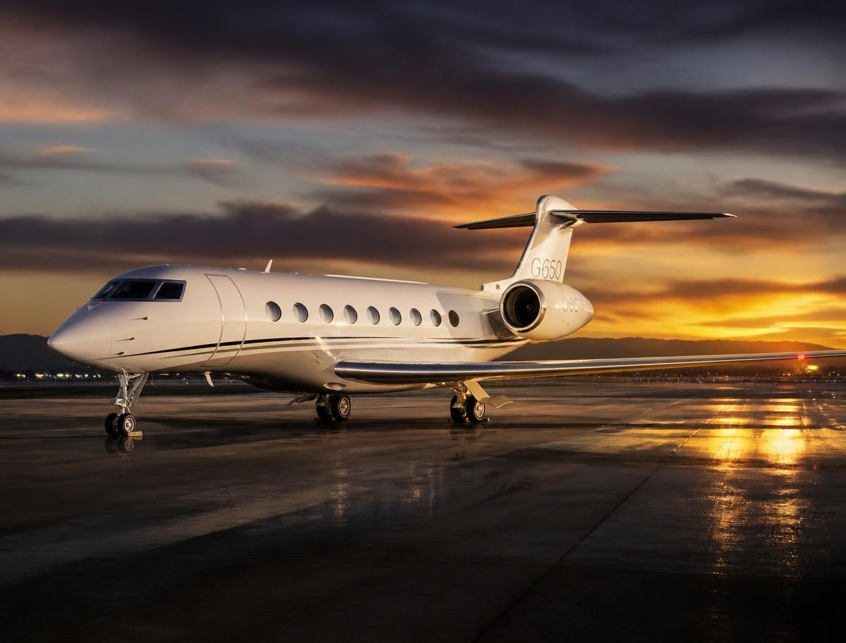 Gulfstream G650 on the ramp at sunset
