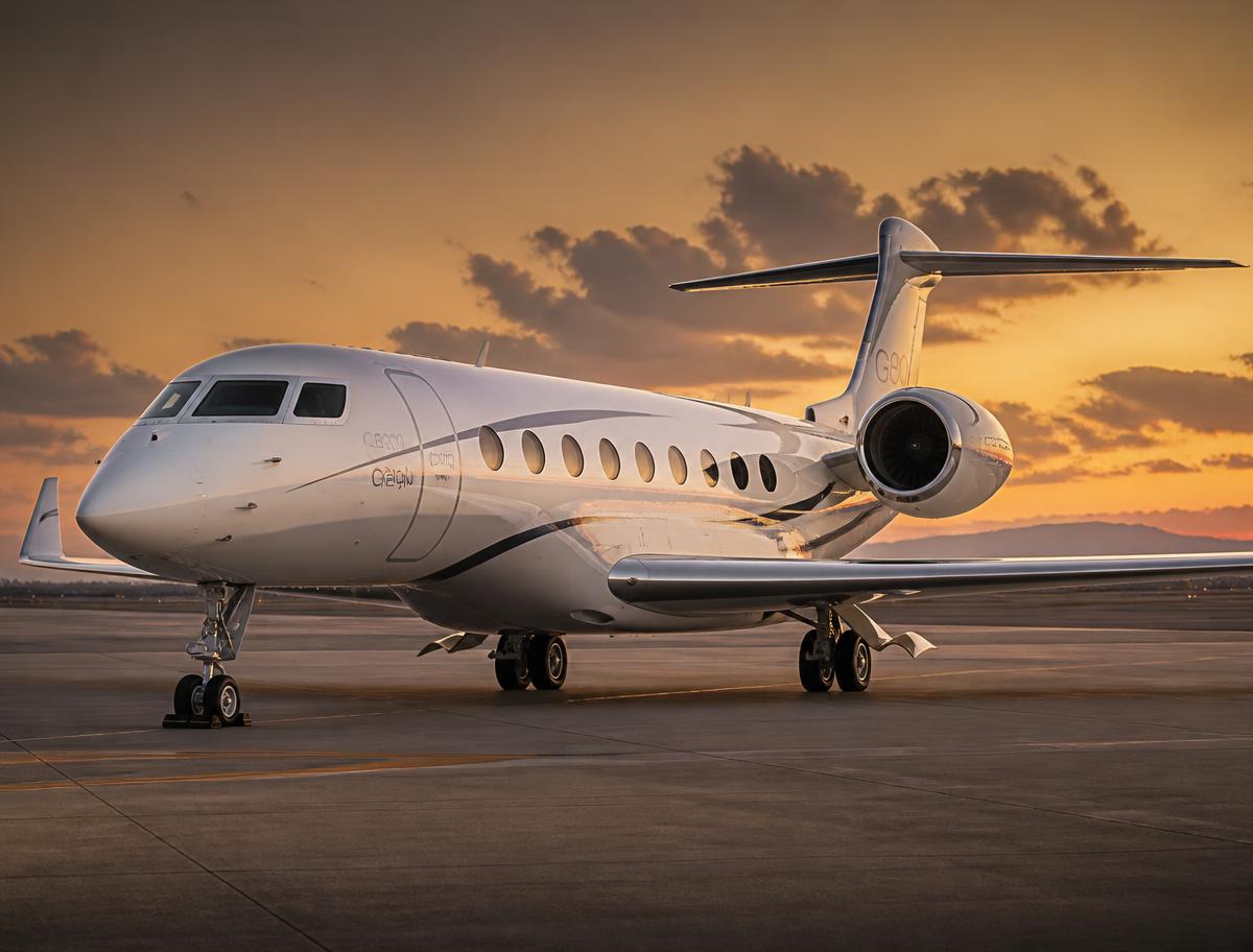 Gulfstream G800 on the ramp at sunset