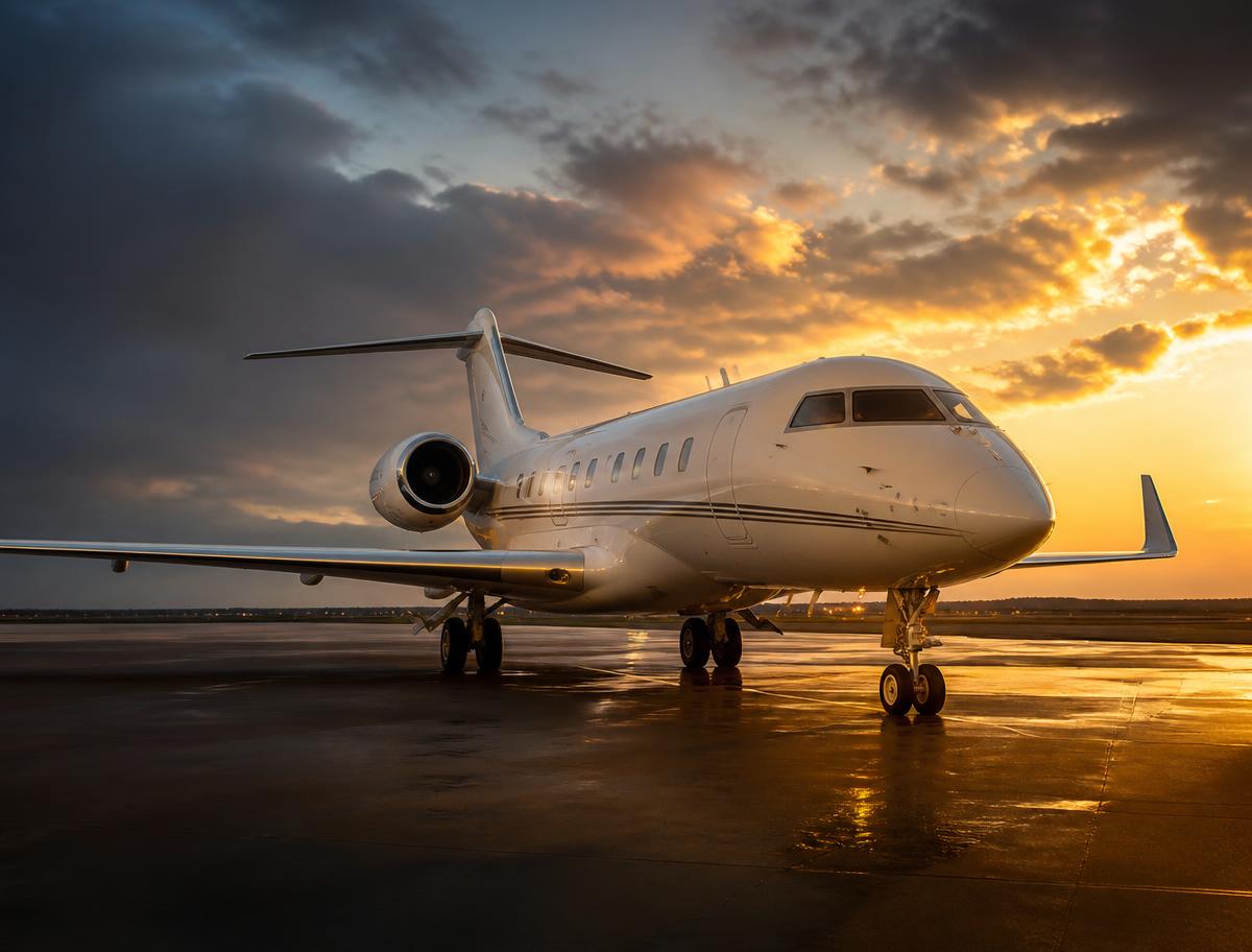 Bombardier Global 5000 on the ramp at sunset