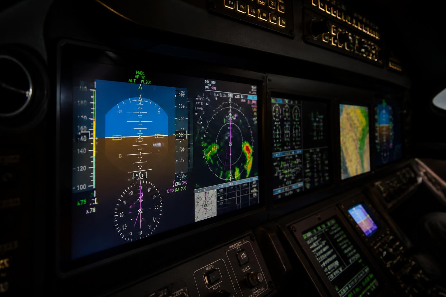 Illuminated business jet instrument panel and avionics displays
