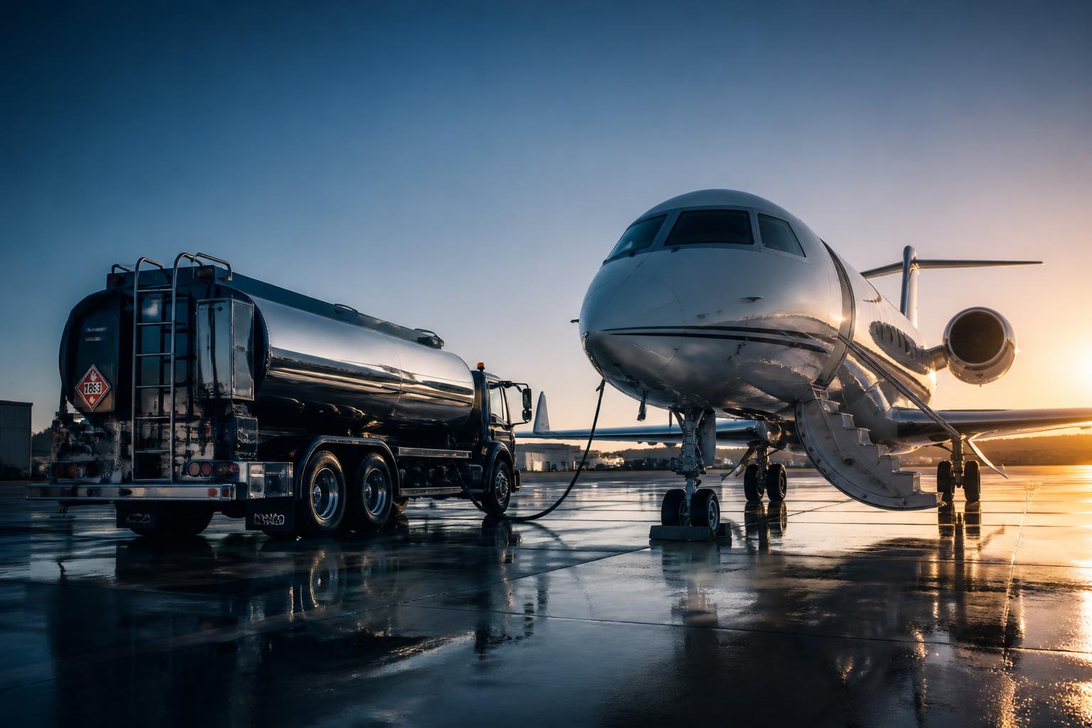 Fuel truck servicing a business jet on an FBO ramp at golden hour