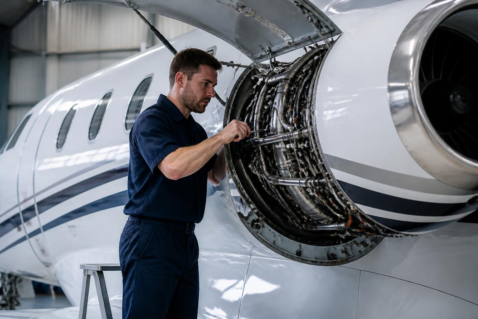 Technician servicing a business jet engine inside a maintenance hangar