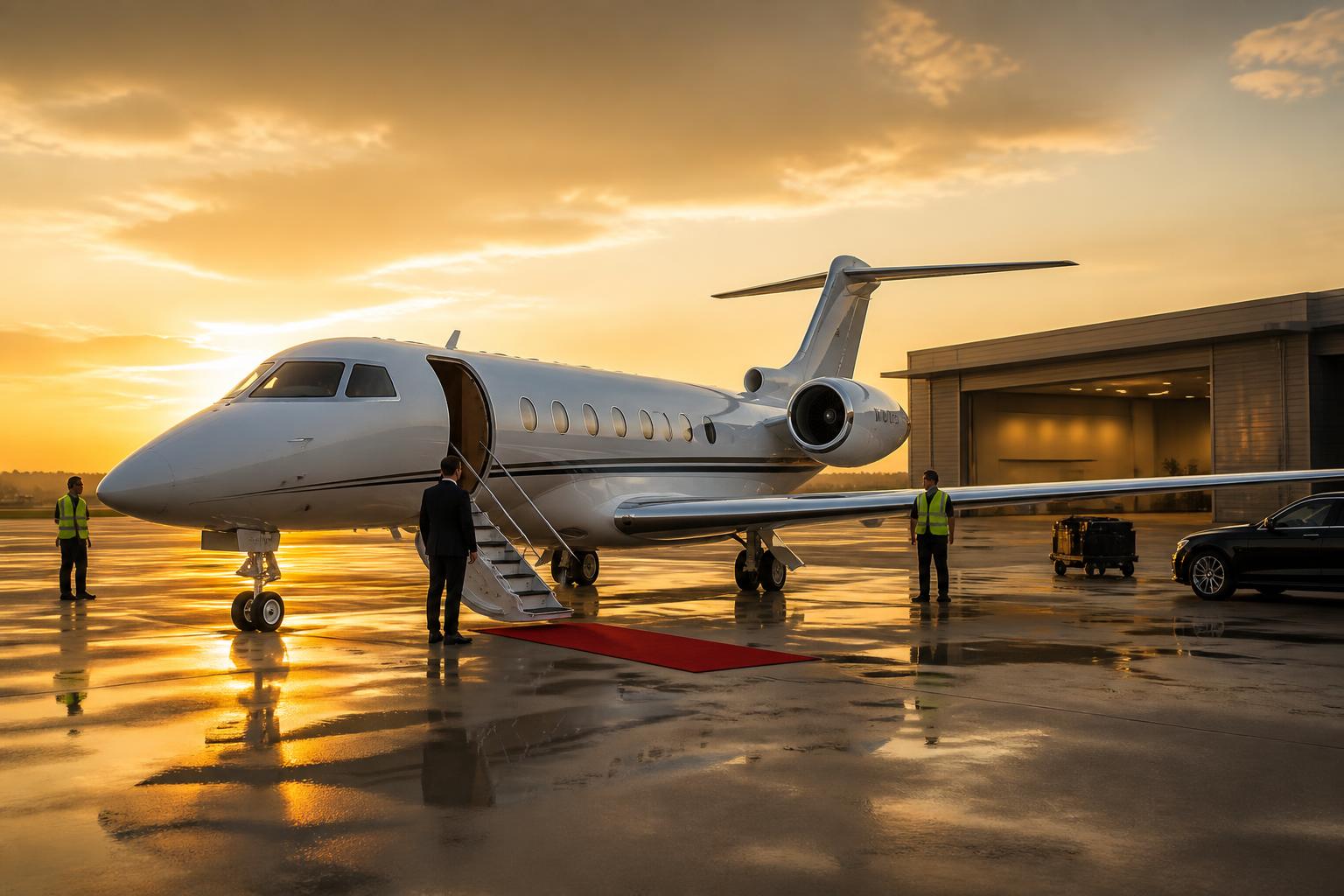 Business jet prepped on an FBO ramp at sunset with ground crew in position