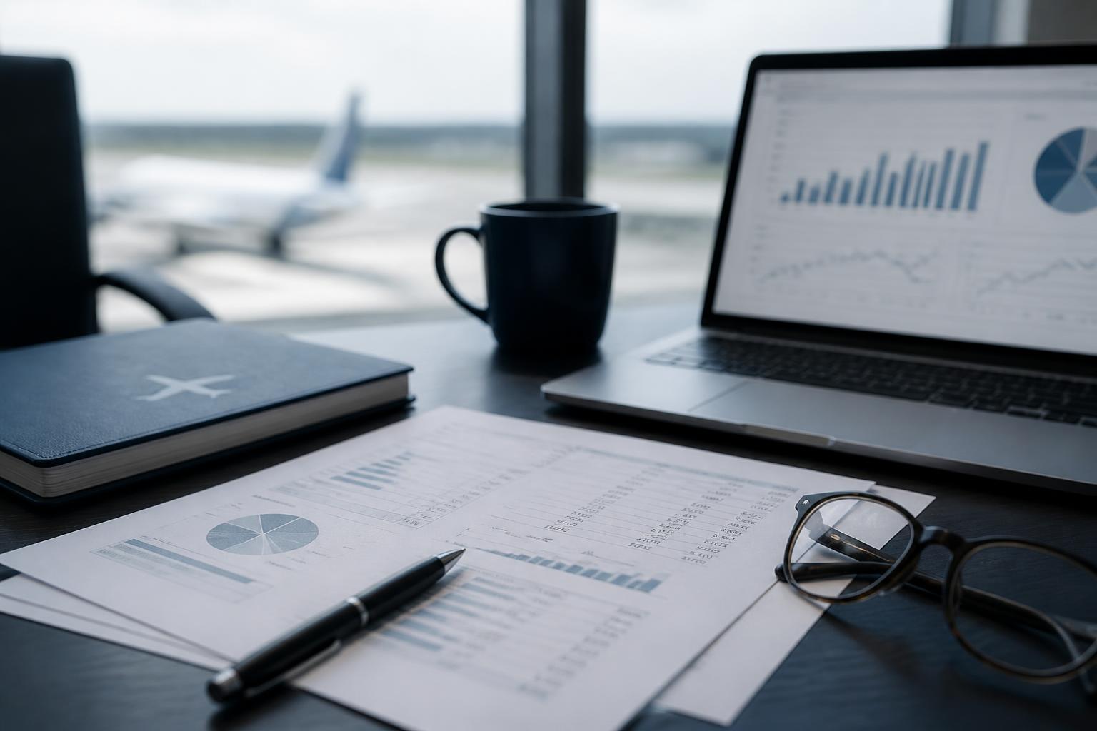 Aviation financial statements and reporting charts on a desk overlooking the ramp